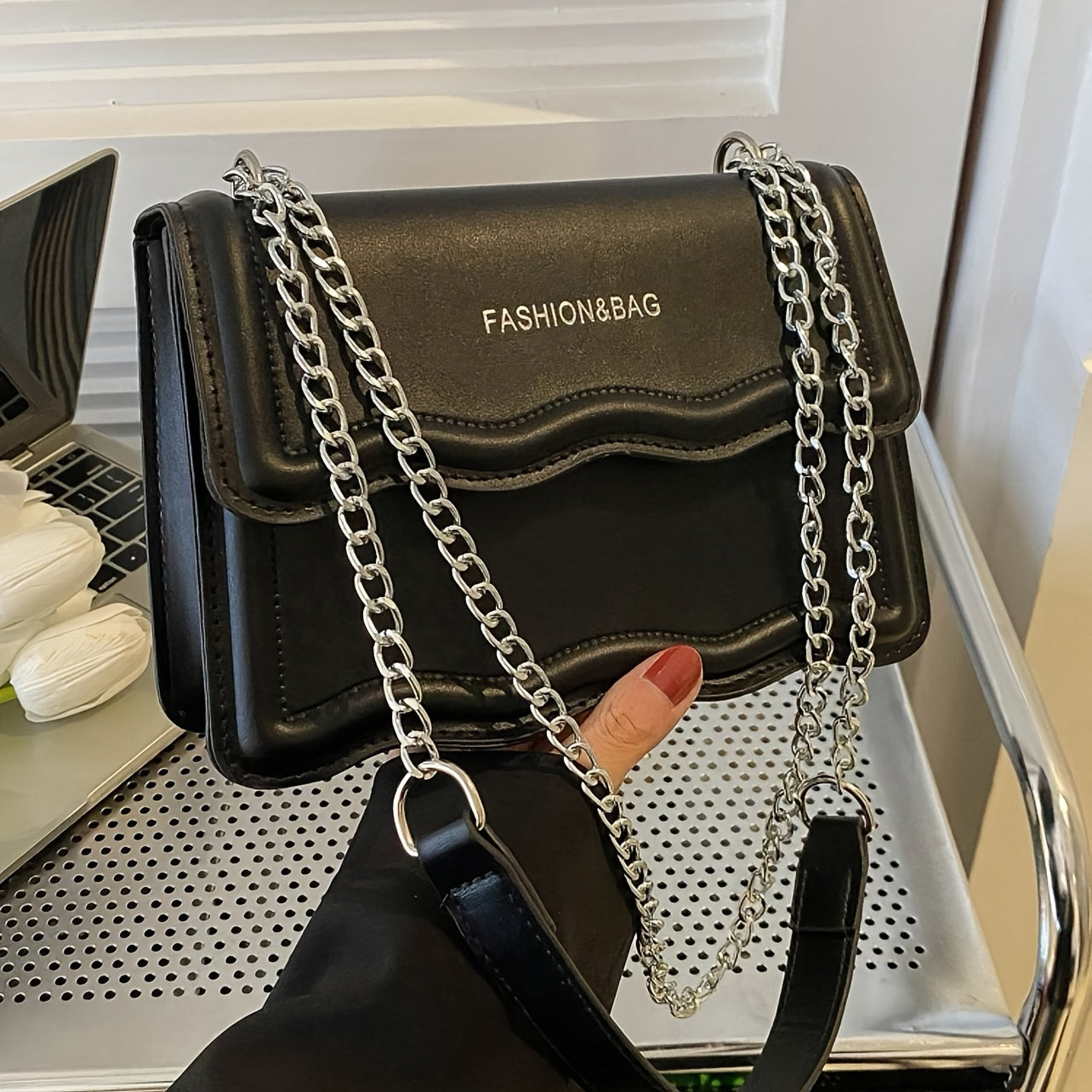 Elegant Mini Messenger Bag for Women: Magnetic Closure, Scallop Design, Chain Strap, Faux Leather Lining, Solid Color